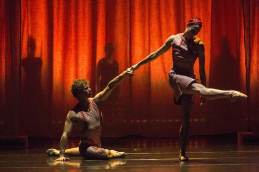 Two dancers perform Jonah Bokaer's (CBA '16) choreography.