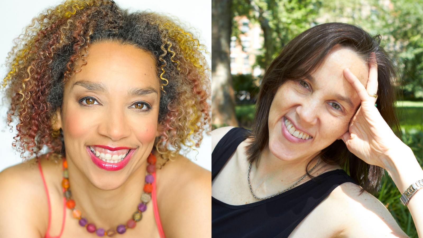 Two headshots side by side. On left, woman smiling with pink lipstick and colorful necklace, looking at camera. On right, woman looks at camera, smiling, with head in hand, in front of green foliage.