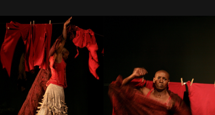 Mamela Nyamza photos of a dance performance. She is wearing red clothing with colorful overlays. She is dancing in both photos, one on the left and one on the right. There are clothes on clothesline behind her. The background is black.