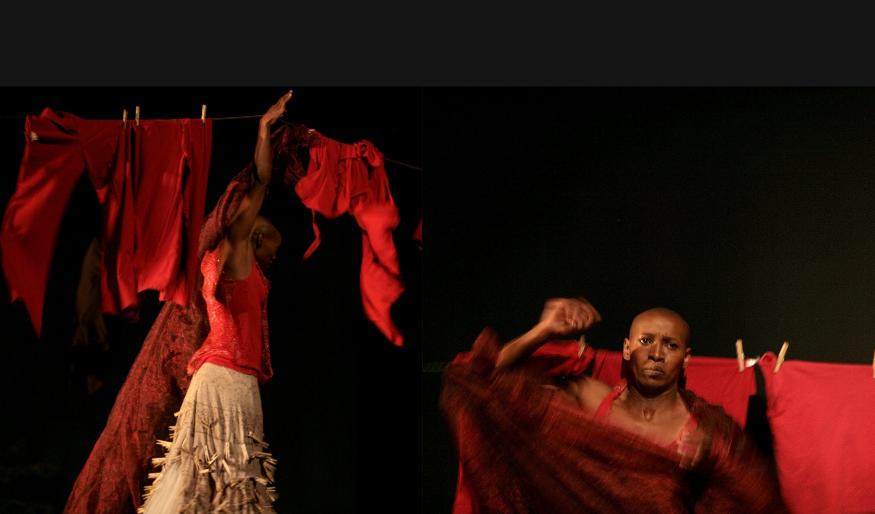 Mamela Nyamza photos of a dance performance. She is wearing red clothing with colorful overlays. She is dancing in both photos, one on the left and one on the right. There are clothes on clothesline behind her. The background is black.
